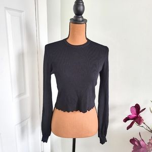 ZARA WOMEN'S BLACK RIBBED KNIT BALLOON SLEEVE LATTICE CROPPED TOP NWT